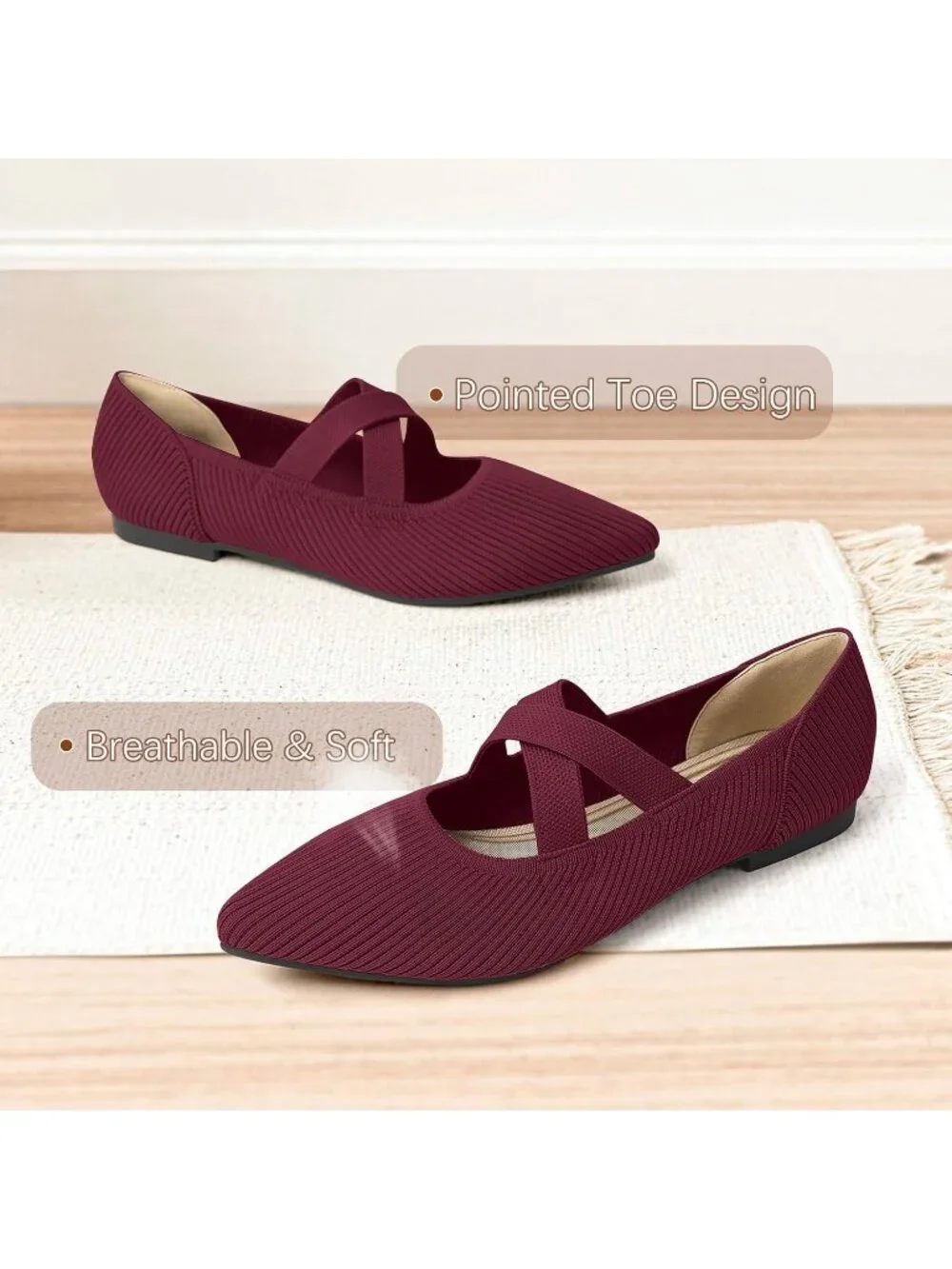 Women's Red Pointed Toe Comfortable Mary Jane Slip-On Knit Ballet Flat Shoes
